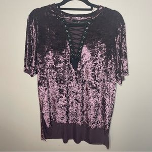Hot Topic Top Purple with Black lace front sz L Crushed Velvet
